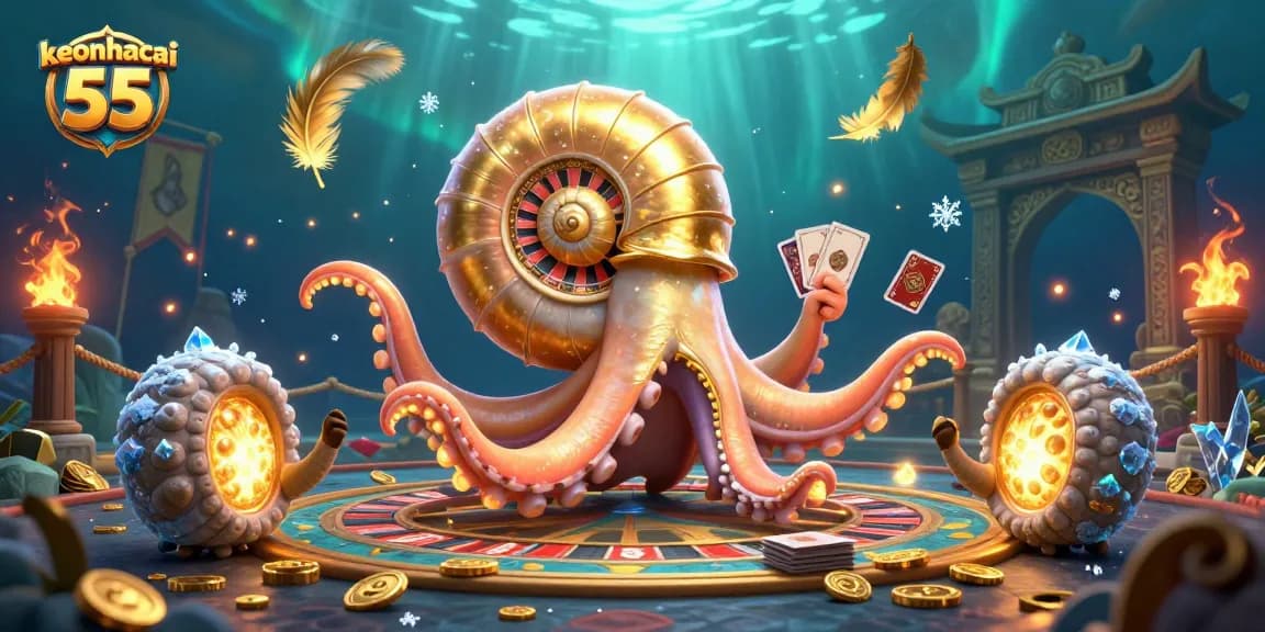 Engage with keonhacai 55 through an electrifying scene of a giant nautilus roulette and glowing ammonite companions.