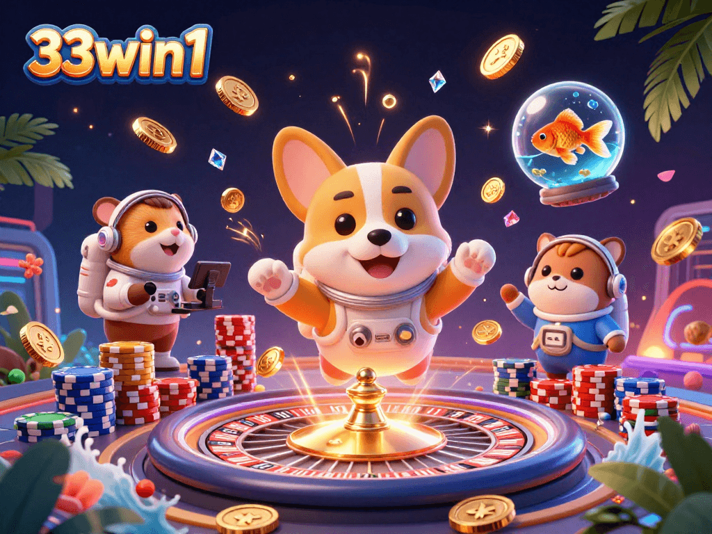Experience the excitement of 33win1 with vibrant 3D casino illustrations featuring dynamic characters and action.