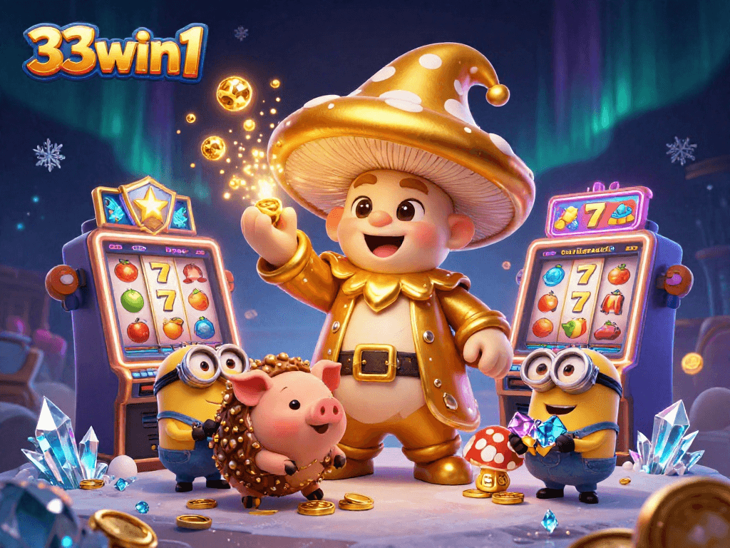 Spin to win with the 33win1 golden mushroom wizard bringing luck and treasure in a vibrant casino scene.