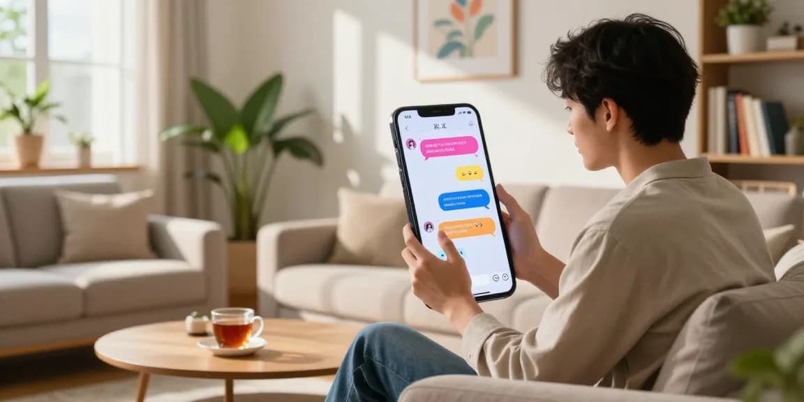 Engaging interaction illustrating crush on ai in a cozy living space with a smartphone displaying animated chat.