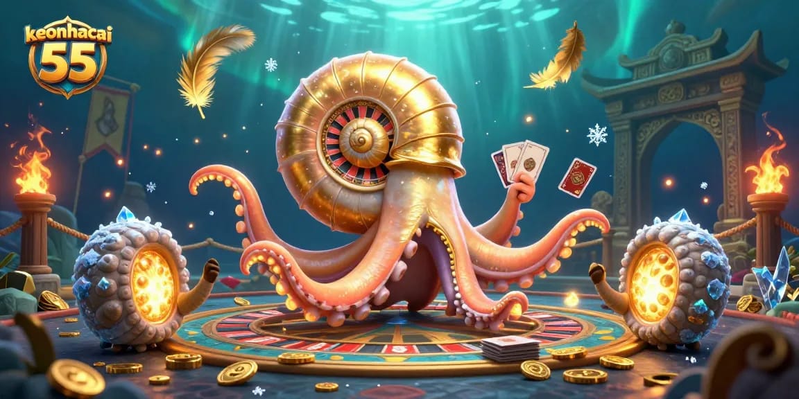 Engage with keonhacai 55 through an electrifying scene of a giant nautilus roulette and glowing ammonite companions.