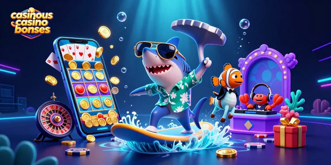 Engage with casinous casino bonuses featuring a hammerhead shark surfing coins alongside vibrant marine characters.