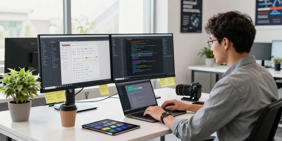Developer in a modern workspace using WPS Official Website tools for software development.