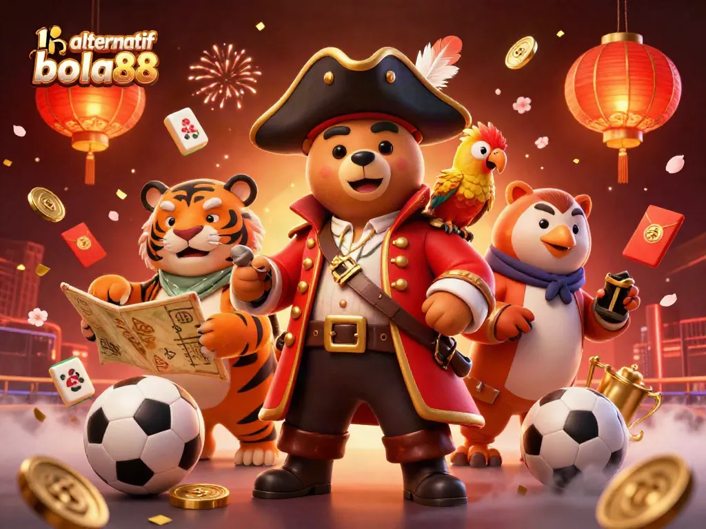 Bet on link alternatif bola88 with a lively scene featuring characters, sports elements, and vibrant casino details.