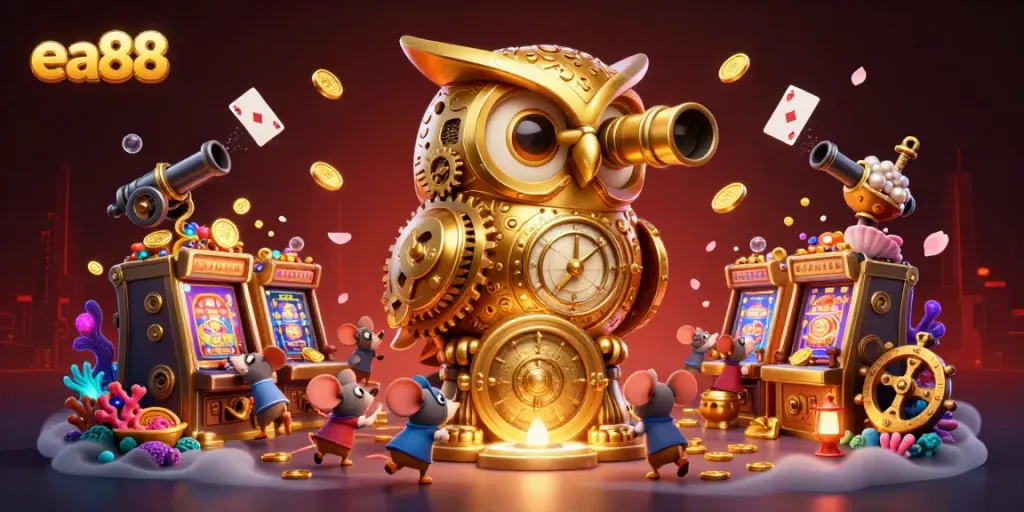 Experience the thrill of winning at ea88, featuring a captivating clockwork owl and vibrant casino elements.