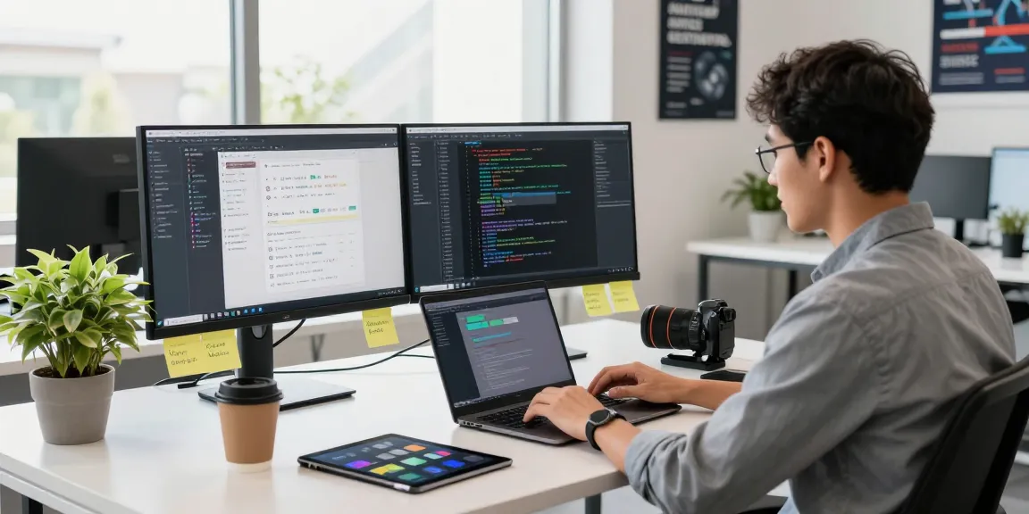 Developer in a modern workspace using WPS Official Website tools for software development.