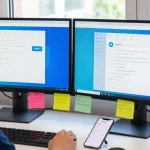 Setting up Telegram Chinese interface on dual monitors in a modern workspace.
