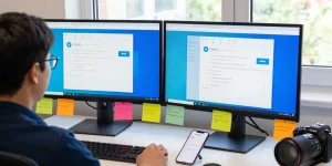 Setting up Telegram Chinese interface on dual monitors in a modern workspace.