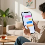 Engaging interaction illustrating crush on ai in a cozy living space with a smartphone displaying animated chat.