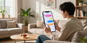 Engaging interaction illustrating crush on ai in a cozy living space with a smartphone displaying animated chat.