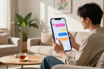 Engaging interaction illustrating crush on ai in a cozy living space with a smartphone displaying animated chat.