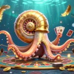 Engage with keonhacai 55 through an electrifying scene of a giant nautilus roulette and glowing ammonite companions.