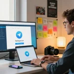 Engaging with the Telegram Web Version on a sleek workspace, highlighting productivity and technology.