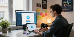 Engaging with the Telegram Web Version on a sleek workspace, highlighting productivity and technology.