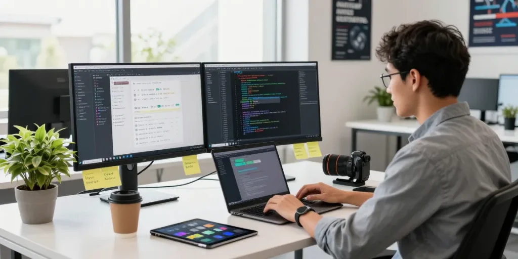 Developer in a modern workspace using WPS Official Website tools for software development.