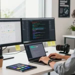 Developer in a modern workspace using WPS Official Website tools for software development.